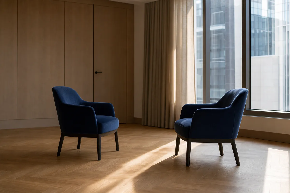 Deux fauteuils en tissu disposés face à face dans une salle de réunion lumineuse