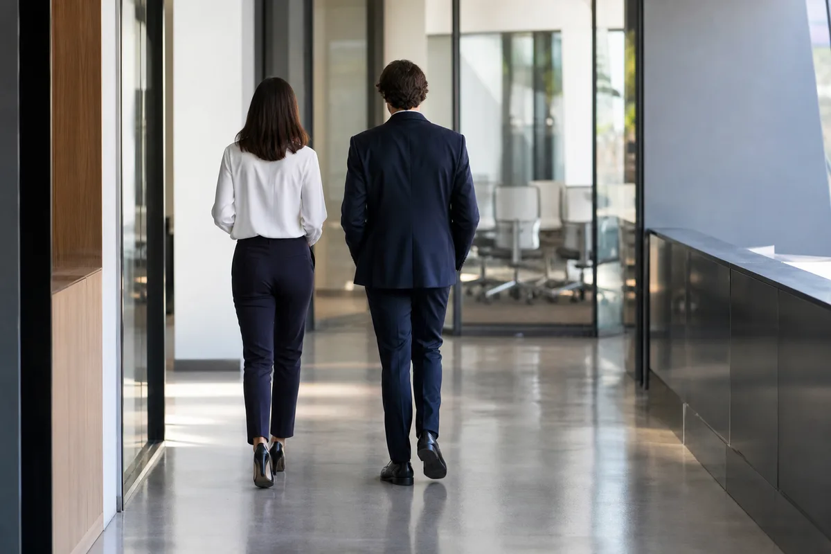Deux collègues vus de dos marchant dans un couloir de bureau lumineux
