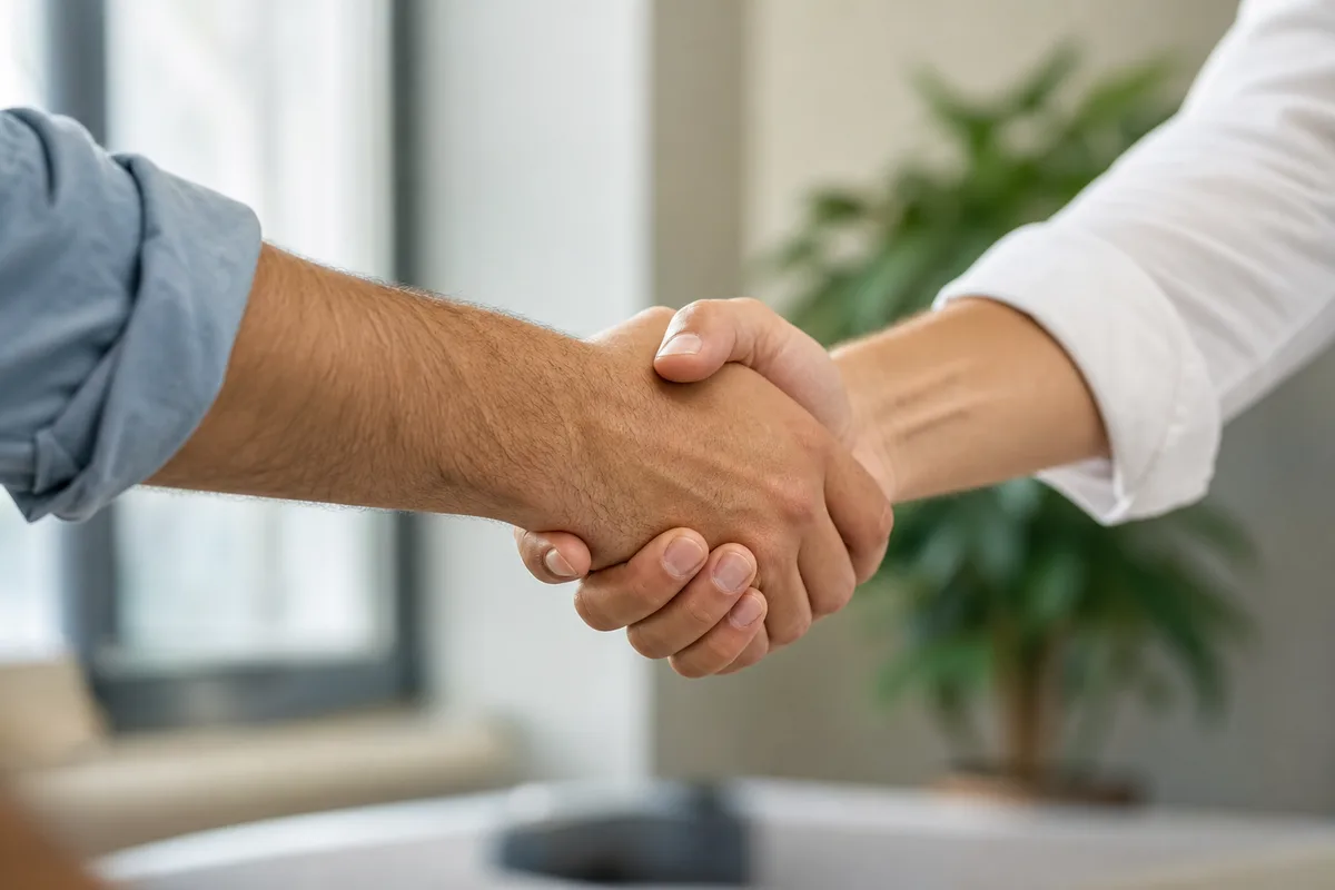 Poignée de main sobre entre deux professionnels dans un bureau clair