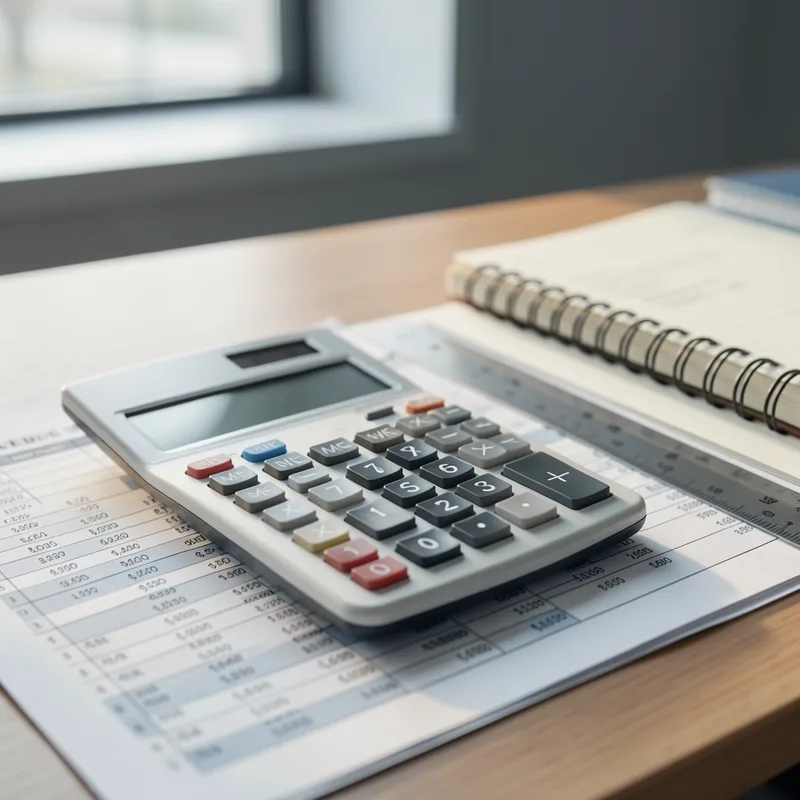 Bureau d&rsquo;entreprise avec un dossier ouvert et une calculatrice posée sur des tableaux de chiffres