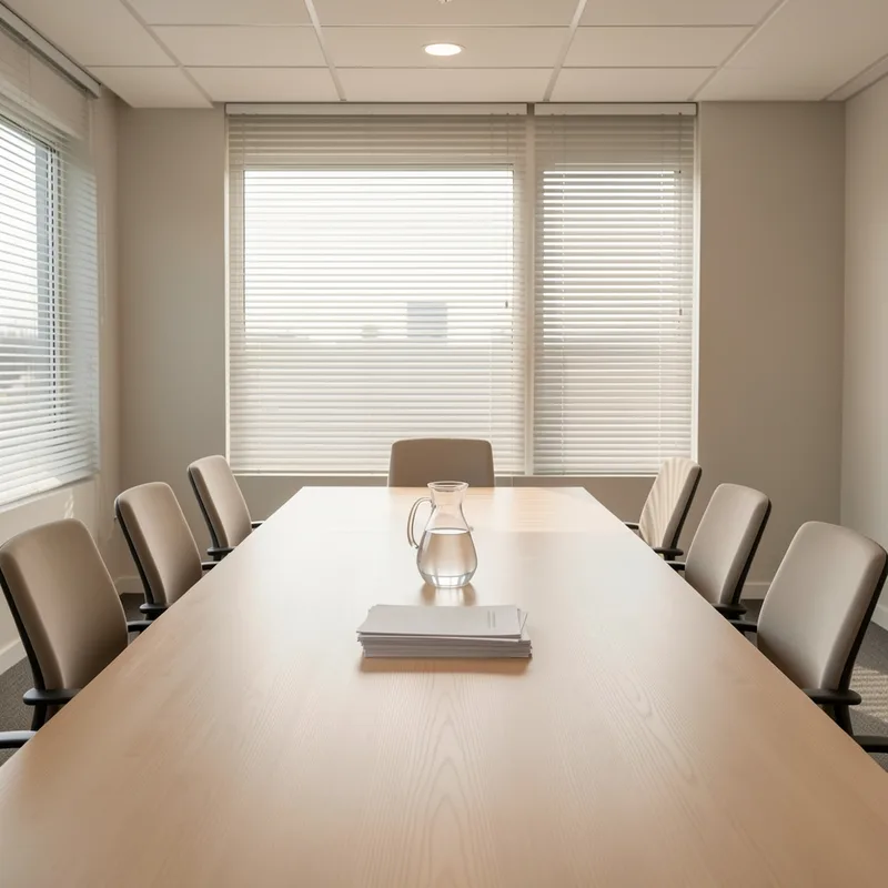 Salle de réunion vide avec une grande table en bois et des documents empilés