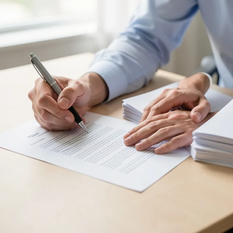 Deux personnes signant des documents professionnels sur une table claire, mains visibles